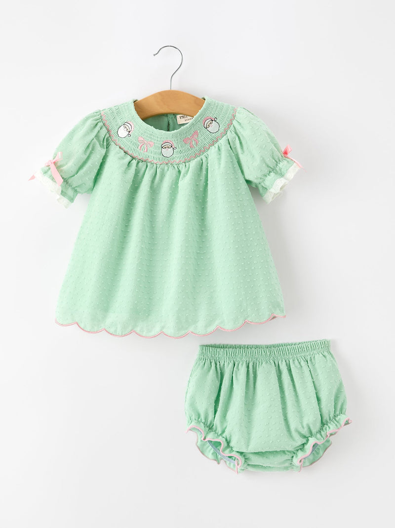 Christmas Mint Green Smocked Santa Baby Girl Bloomer Set - The Palm Beach Baby