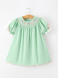 Christmas Mint Green Smocked Santa Girls Puff Sleeve Dress - The Palm Beach Baby