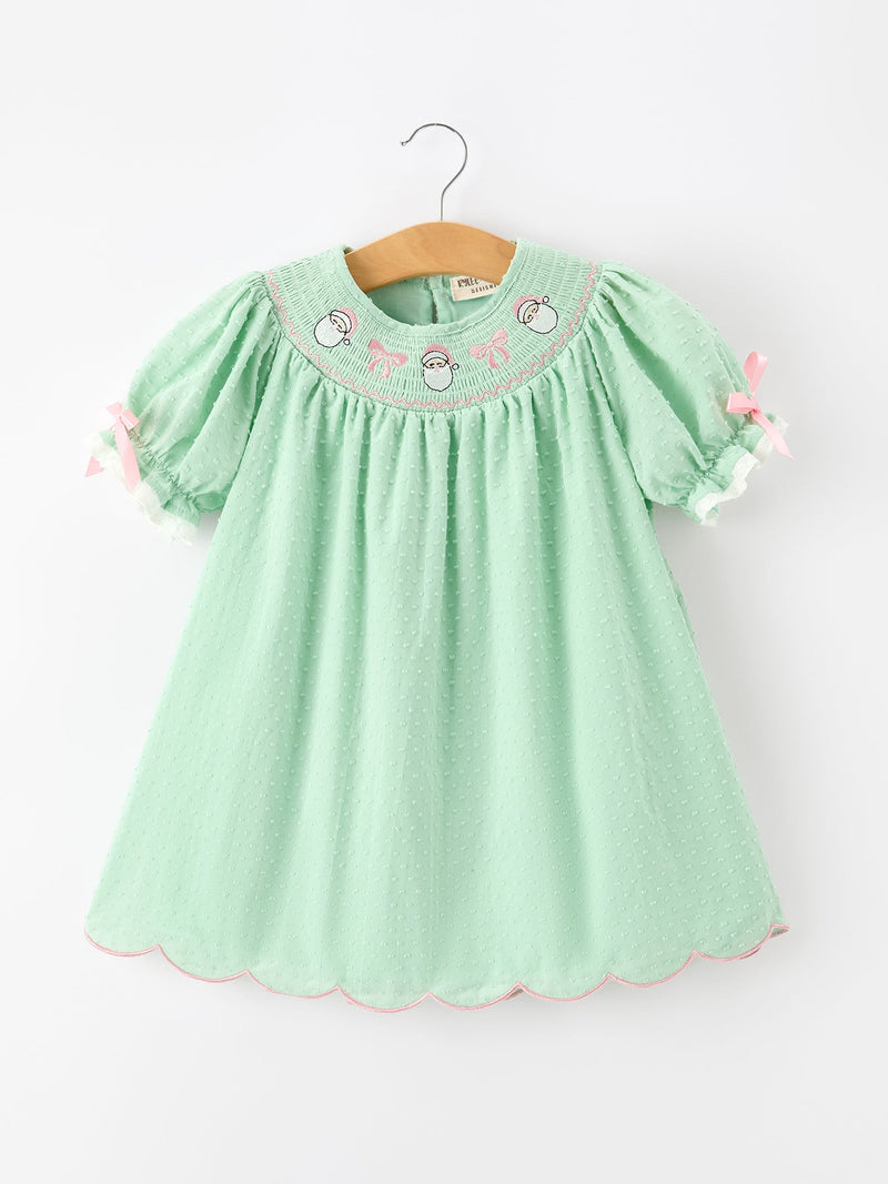 Christmas Mint Green Smocked Santa Girls Puff Sleeve Dress - The Palm Beach Baby