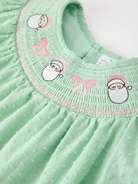 Christmas Mint Green Smocked Santa Girls Puff Sleeve Dress - The Palm Beach Baby