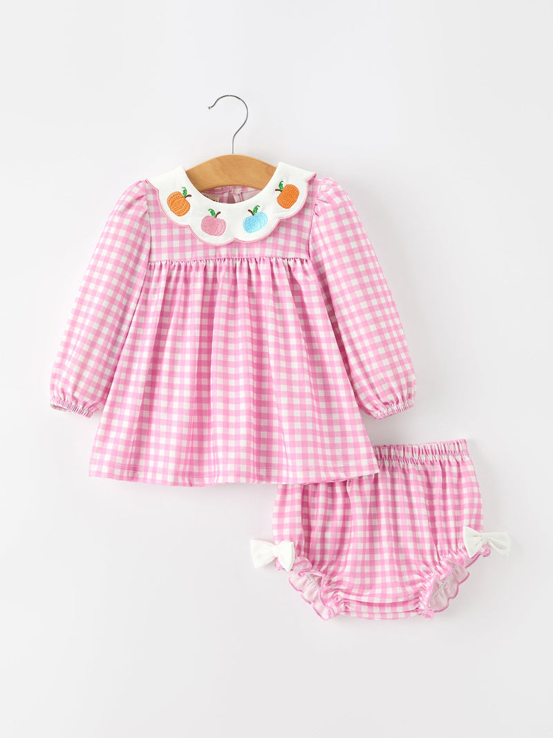 Thanksgiving Halloween pink plaid pumpkin-embroidered bloomer set for girls with white collar and matching bloomers.