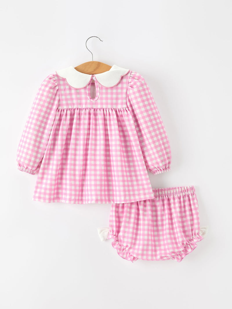 Thanksgiving Halloween pumpkin embroidery pink plaid girls bloomer set with white Peter Pan collar and bloomers