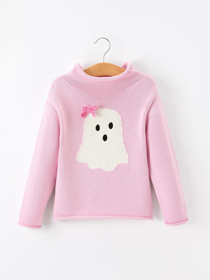 Girls Ghost Bow Knit Sweater Halloween Cute Embroidered Pullover - The Palm Beach Baby