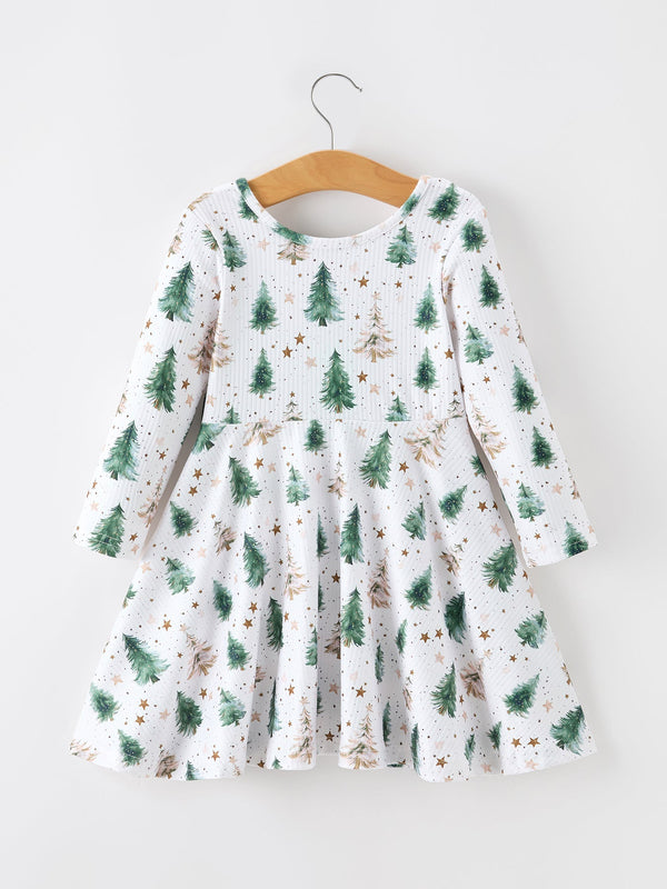 Girls Christmas Tree & Star Ribbed Print Twirl Dress