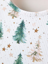 Girls Christmas Tree & Star Ribbed Print Twirl Dress