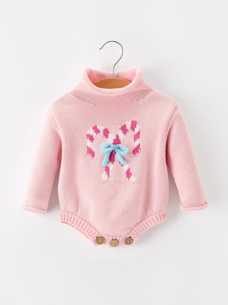 Christmas Candy Cane Bow Knit Baby Girls Romper - The Palm Beach Baby