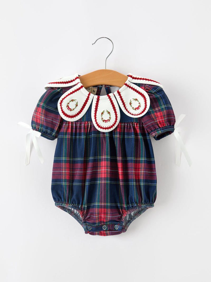 Navy Red Classic Plaid Wreath Baby Girl Bubble Romper - The Palm Beach Baby