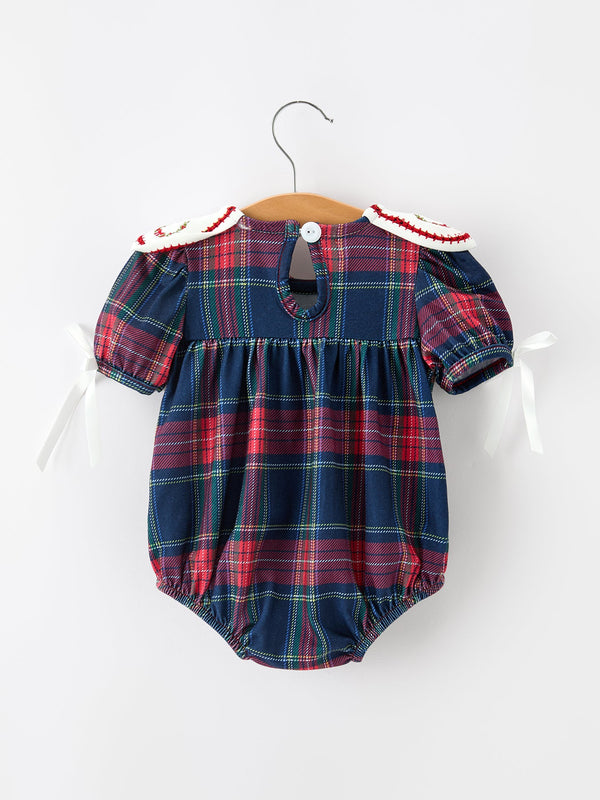 Navy Red Classic Plaid Wreath Baby Girl Bubble Romper