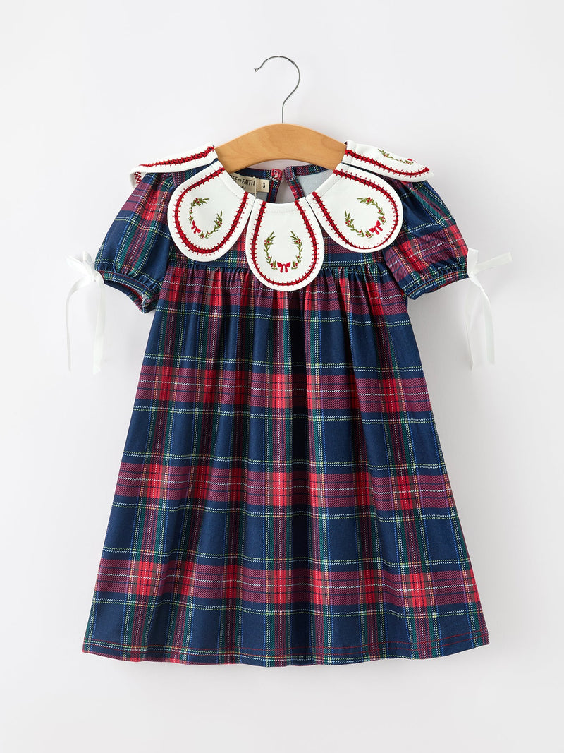 Navy Red Classic Plaid Wreath Embroidered Girl Dress - The Palm Beach Baby
