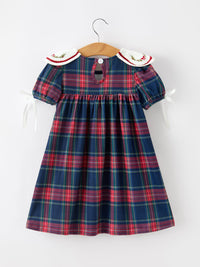 Navy Red Classic Plaid Wreath Embroidered Girl Dress - The Palm Beach Baby