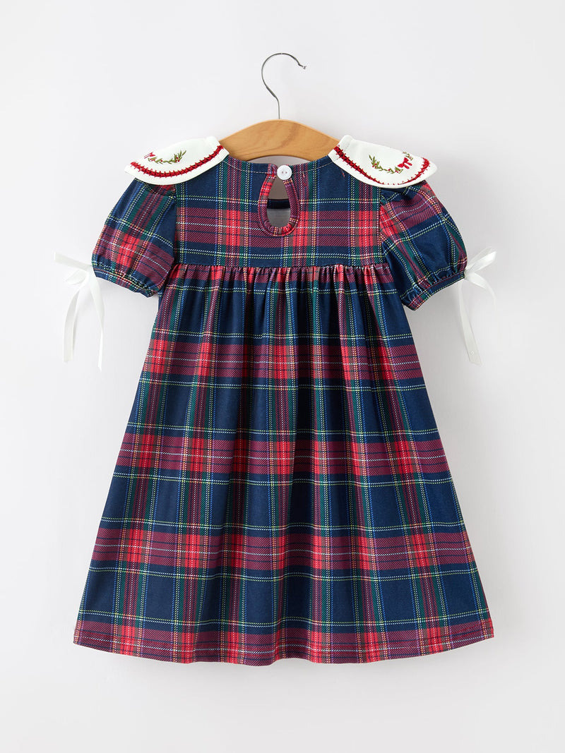 Navy Red Classic Plaid Wreath Embroidered Girl Dress - The Palm Beach Baby