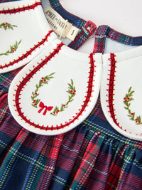 Navy Red Classic Plaid Wreath Embroidered Girl Dress - The Palm Beach Baby