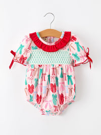 Baby Girl Christmas Smocked Bubble Romper Bow Print - The Palm Beach Baby