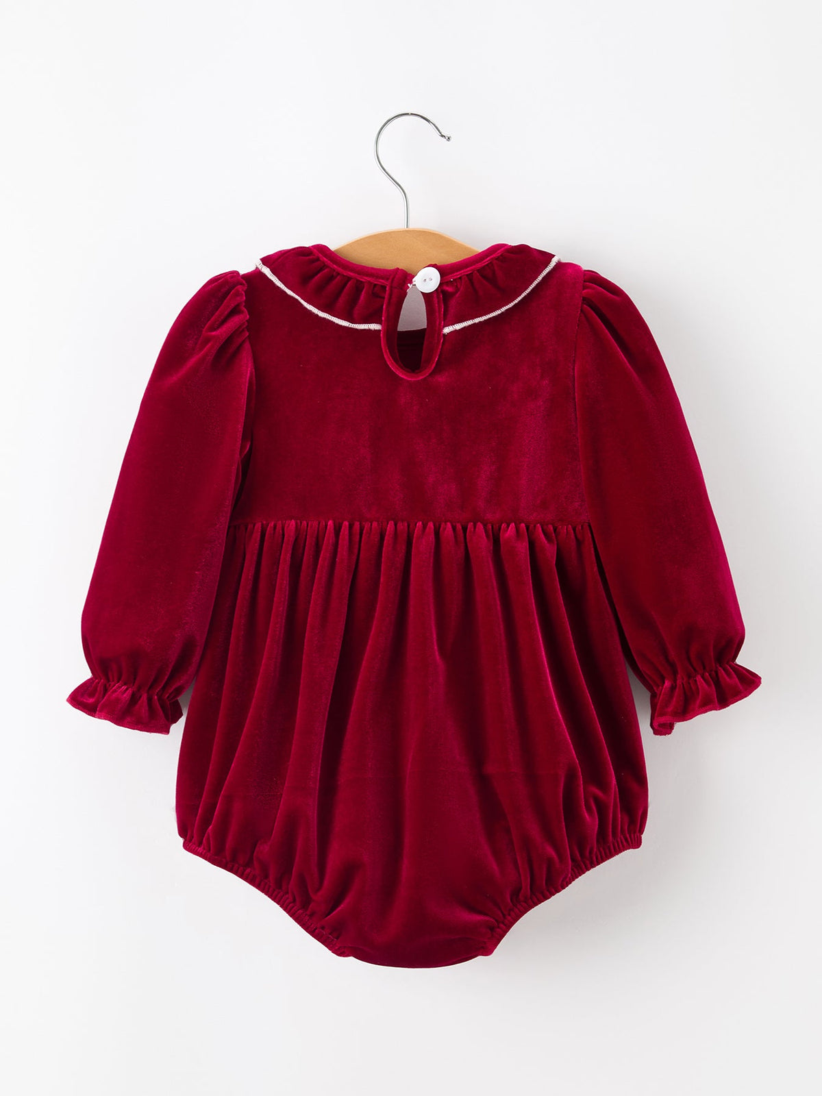 Burgundy velvet baby bubble romper with long puff sleeves, ruffled collar, and keyhole back closure on a hanger.