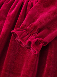 Burgundy velvet Girls Party Dress with puff sleeve ruffle and smocked waist pearl detail for Holidays.