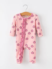 Fall Thanksgiving Pink Pumpkin Ruffle Zip Sleeper Waffle Jumpsuit - The Palm Beach Baby