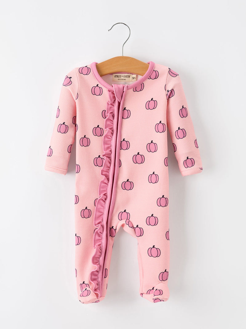 Fall Thanksgiving Pink Pumpkin Ruffle Zip Sleeper Waffle Jumpsuit - The Palm Beach Baby
