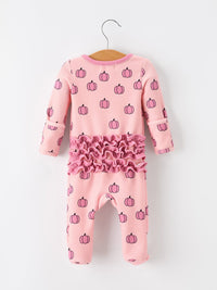 Fall Thanksgiving Pink Pumpkin Ruffle Zip Sleeper Waffle Jumpsuit - The Palm Beach Baby