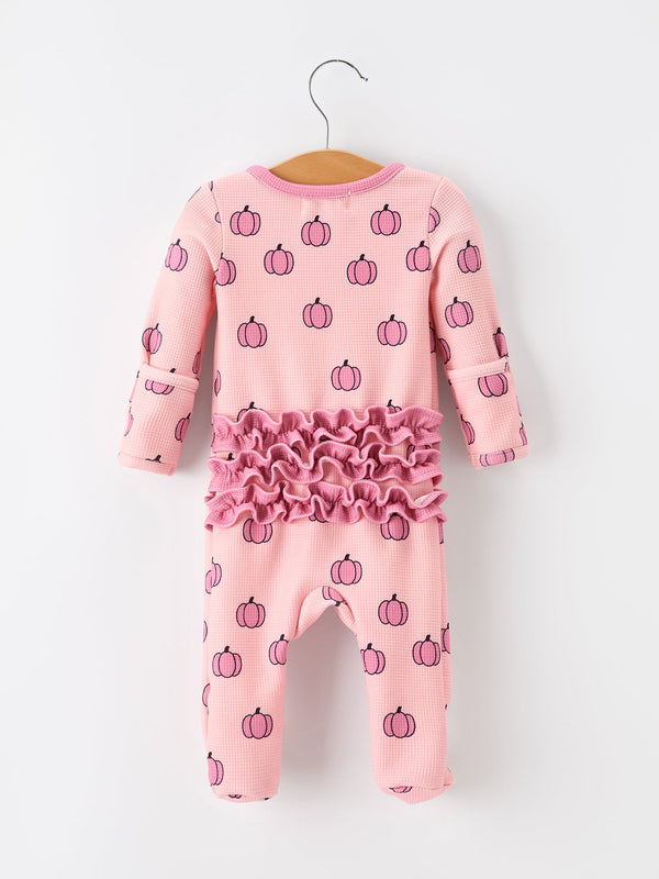 Fall Thanksgiving Pink Pumpkin Ruffle Zip Sleeper Waffle Jumpsuit