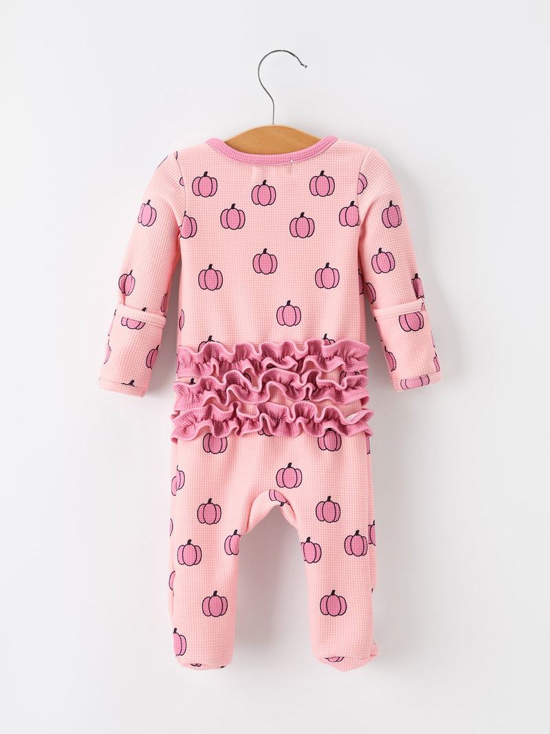 Fall Thanksgiving Pink Pumpkin Ruffle Zip Sleeper Waffle Jumpsuit - The Palm Beach Baby
