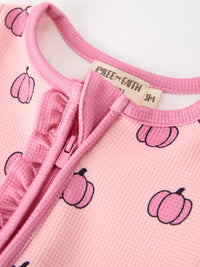 Fall Thanksgiving Pink Pumpkin Ruffle Zip Sleeper Waffle Jumpsuit - The Palm Beach Baby