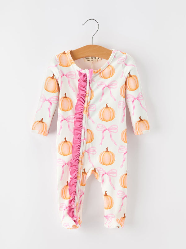 Baby girls pumpkin and pink bow print footed romper with ruffle front zipper, long sleeves, and enclosed feet for autumn wear.