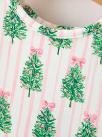 Pink striped girls Christmas dress fabric featuring green holiday trees topped with pink bows and a round neckline.