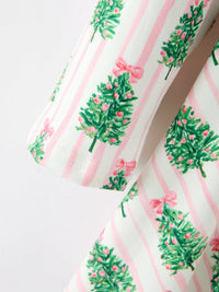 Pink striped girl's Christmas dress fabric featuring green holiday trees with pink bows and ornaments on long sleeves