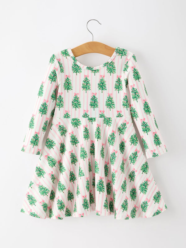 Girls pink striped twirl dress with green Christmas tree print and pink bow accents, featuring long sleeves and a flirty skirt.