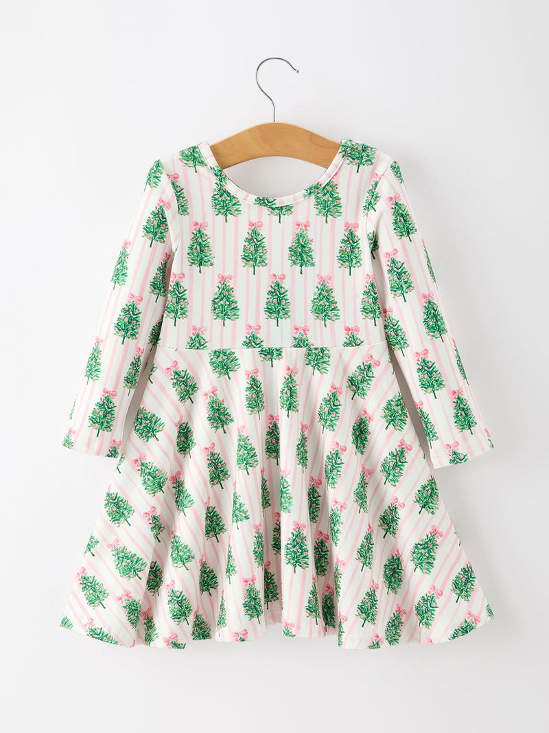 Girls pink striped twirl dress with green Christmas tree print and pink bow accents, featuring long sleeves and a flirty skirt.