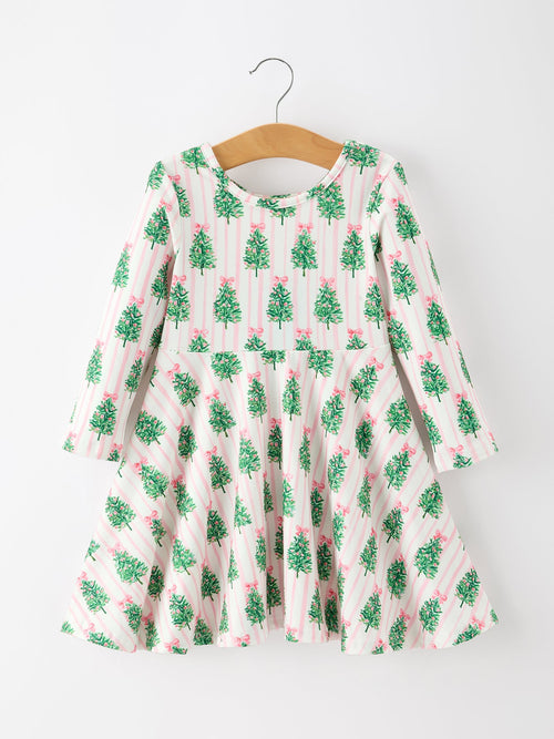 Girls' long-sleeve Christmas dress with pink stripes, green holiday trees, and pink bow accents featuring a full twirl skirt.