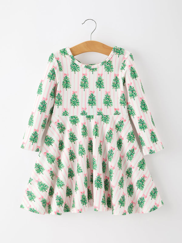 Girls' long-sleeve Christmas dress with pink stripes, green holiday trees, and pink bow accents featuring a full twirl skirt.