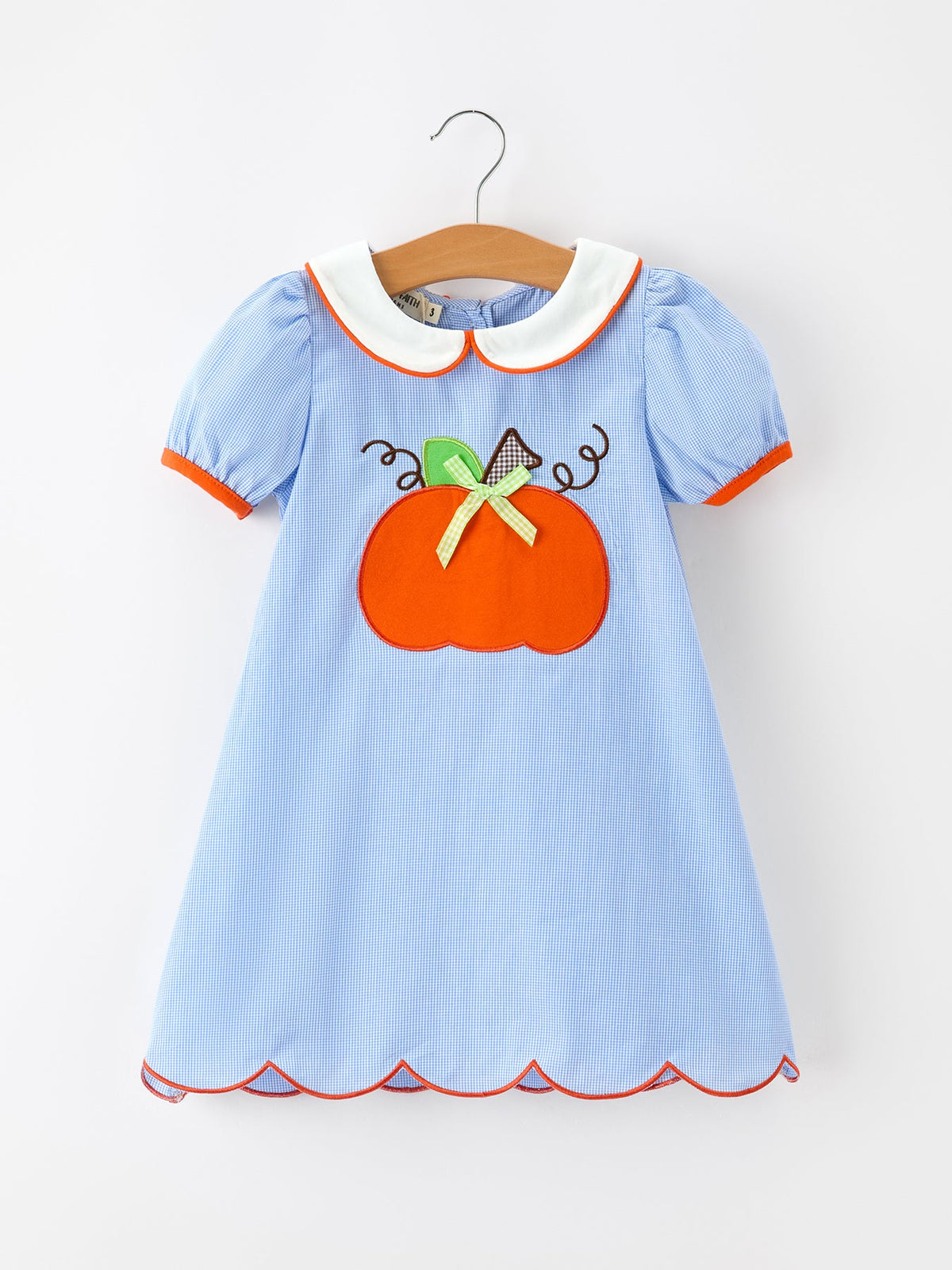 Fall Girls Plaid Pumpkin Appliqué Peter Pan Collar Dress
