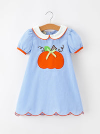 Fall Girls Plaid Pumpkin Appliqué Peter Pan Collar Dress - The Palm Beach Baby