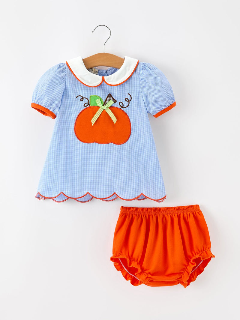 Fall Girls Pumpkin Appliqué Peter Pan Collar Bloomer Set - The Palm Beach Baby