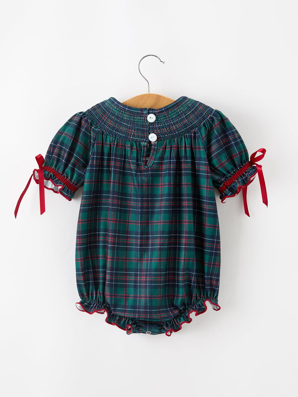 Girls Christmas plaid bubble romper with smocked neckline, puff sleeves, red ribbon ties, and ruffled leg openings.