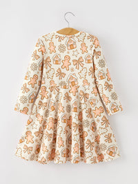 Gingerbread Cookie Girls Long Sleeve Twirl Dress