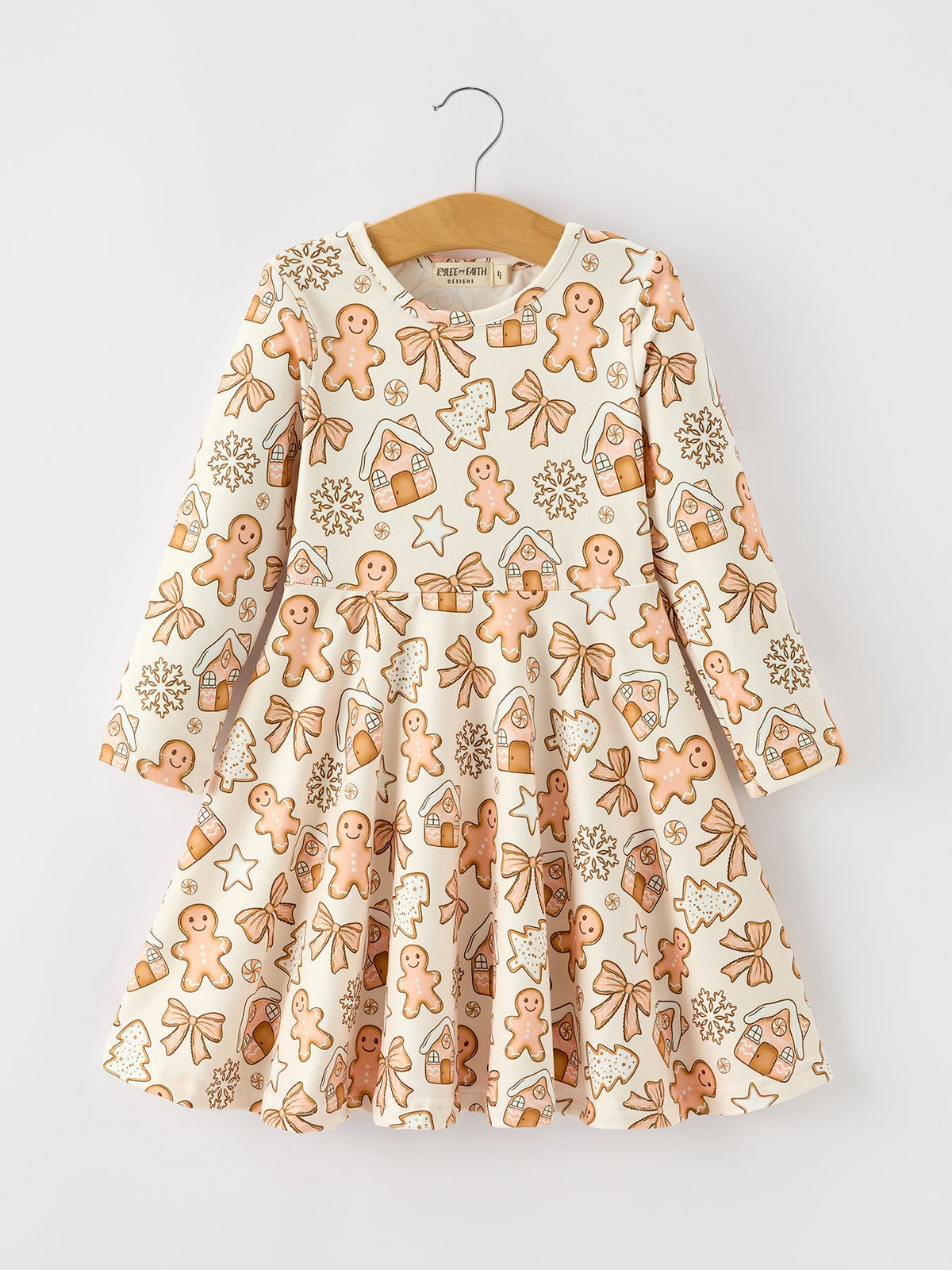 Gingerbread Cookie Girls Long Sleeve Twirl Dress