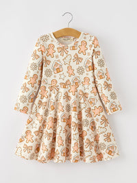 Gingerbread Cookie Girls Long Sleeve Twirl Dress