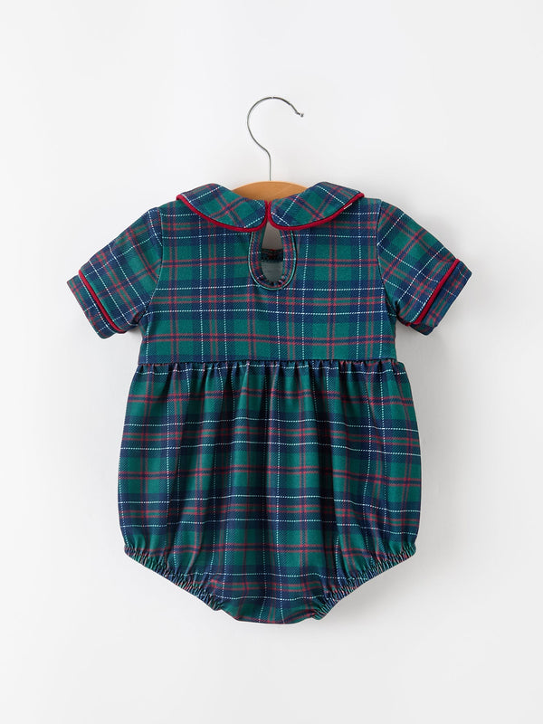 Back view of green plaid bubble romper with red piped Peter Pan collar and gathered short sleeves for baby boys.