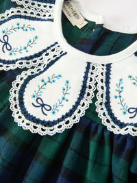 Christmas Girls Green & Navy Plaid Embroidered Collar Dress