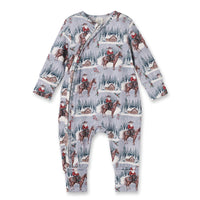 Grey zippered baby romper flat lay showing Santa pattern and convertible cuffs