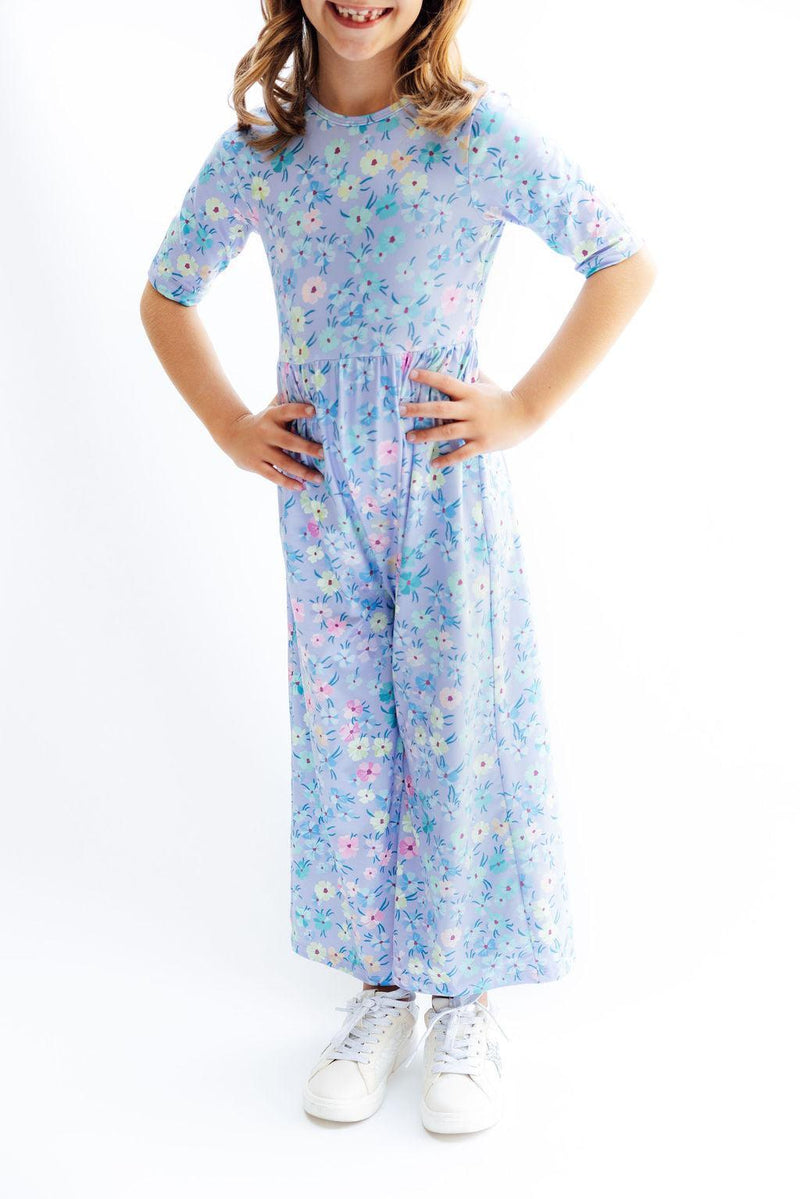 Petal Party Wide Leg Jumpsuit for girls, featuring a floral design, high front neckline, and playful scoop back, perfect for stylish playdates.