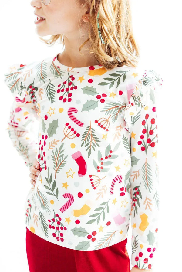 Holly Jolly Christmas Long Sleeve Ruffle Tee for Kids - Cute, Cozy, and Festive Style - The Palm Beach Baby