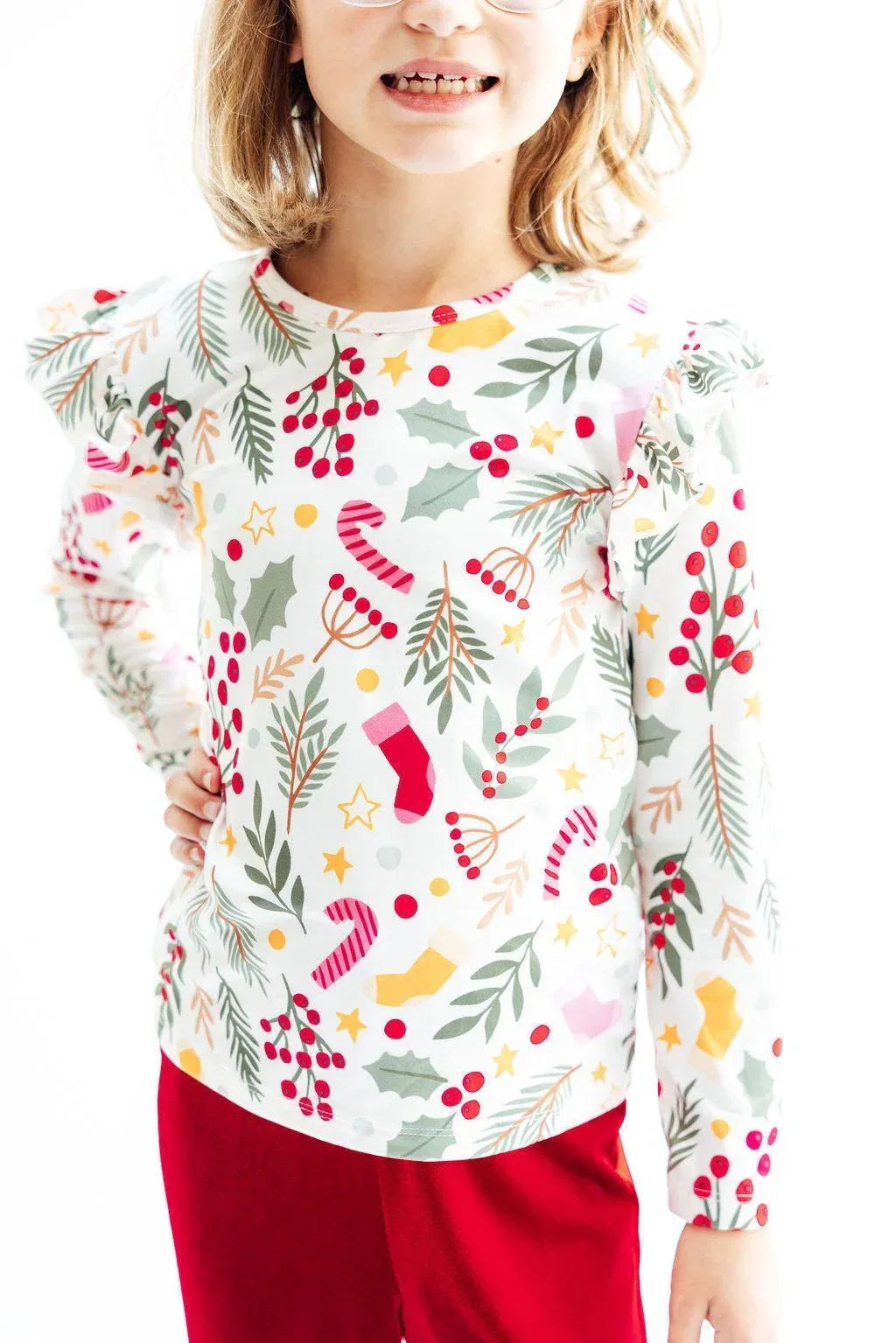 Holly Jolly Christmas Long Sleeve Ruffle Tee for Kids - Cute, Cozy, and Festive Style - The Palm Beach Baby