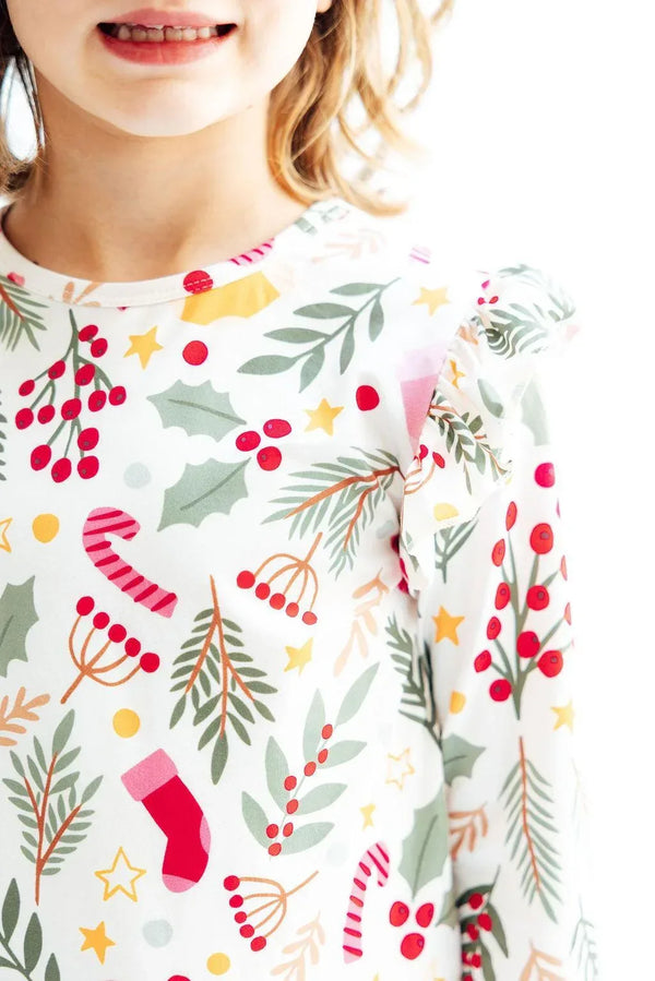 Holly Jolly Christmas Long Sleeve Ruffle Tee for Kids - Cute, Cozy, and Festive Style - The Palm Beach Baby