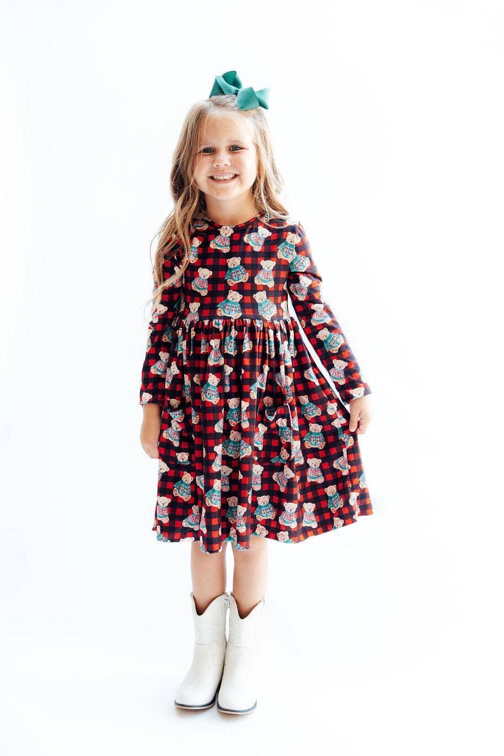 Christmas Bears Long Sleeve Pocket Twirl Dress for Girls – Soft, Stretchy, Fun - The Palm Beach Baby