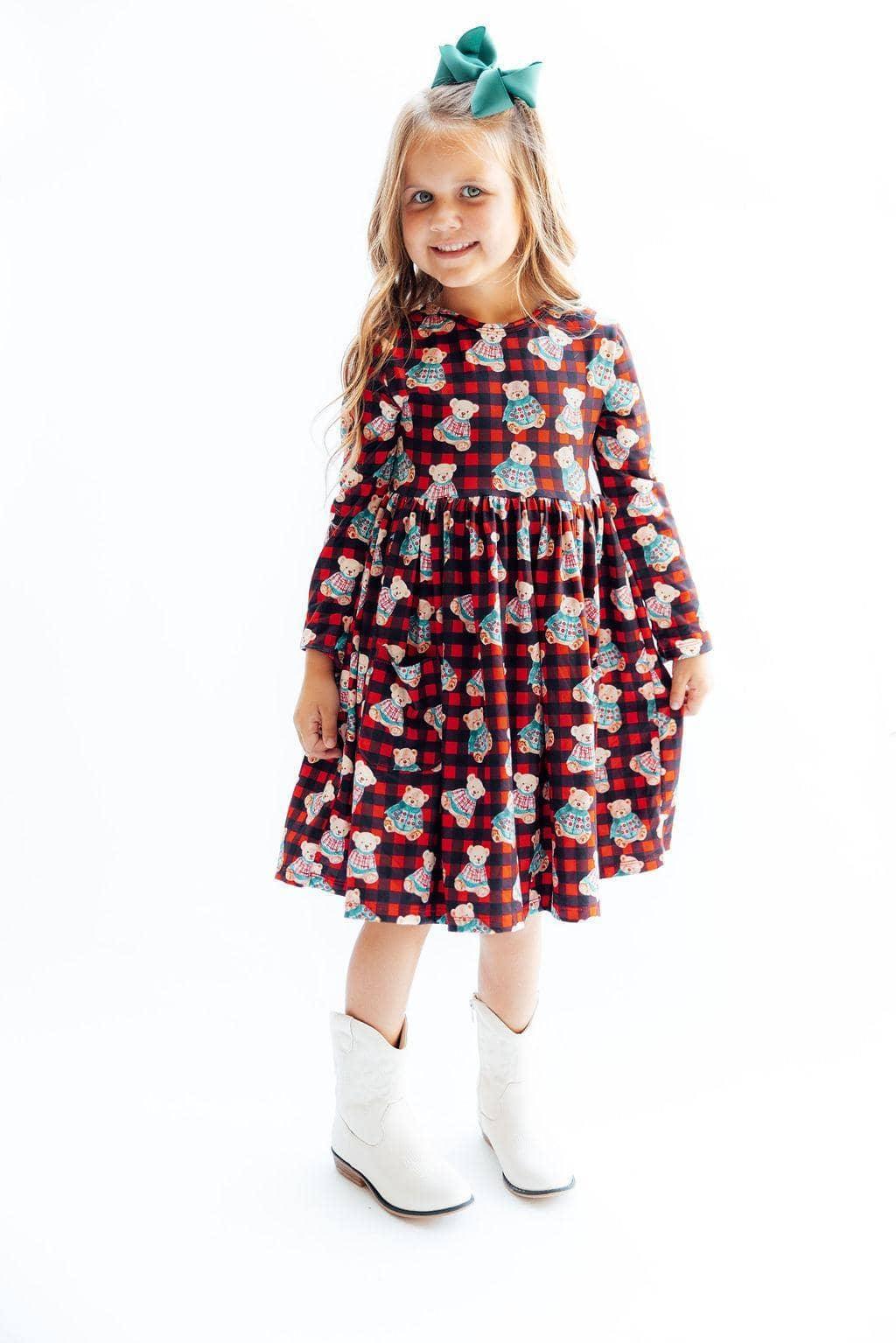 Christmas Bears Long Sleeve Pocket Twirl Dress for Girls – Soft, Stretchy, Fun - The Palm Beach Baby