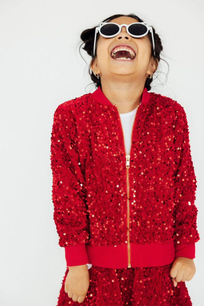 Red Velvet Sequin Jacket for Girls - Sleek Zippered Front