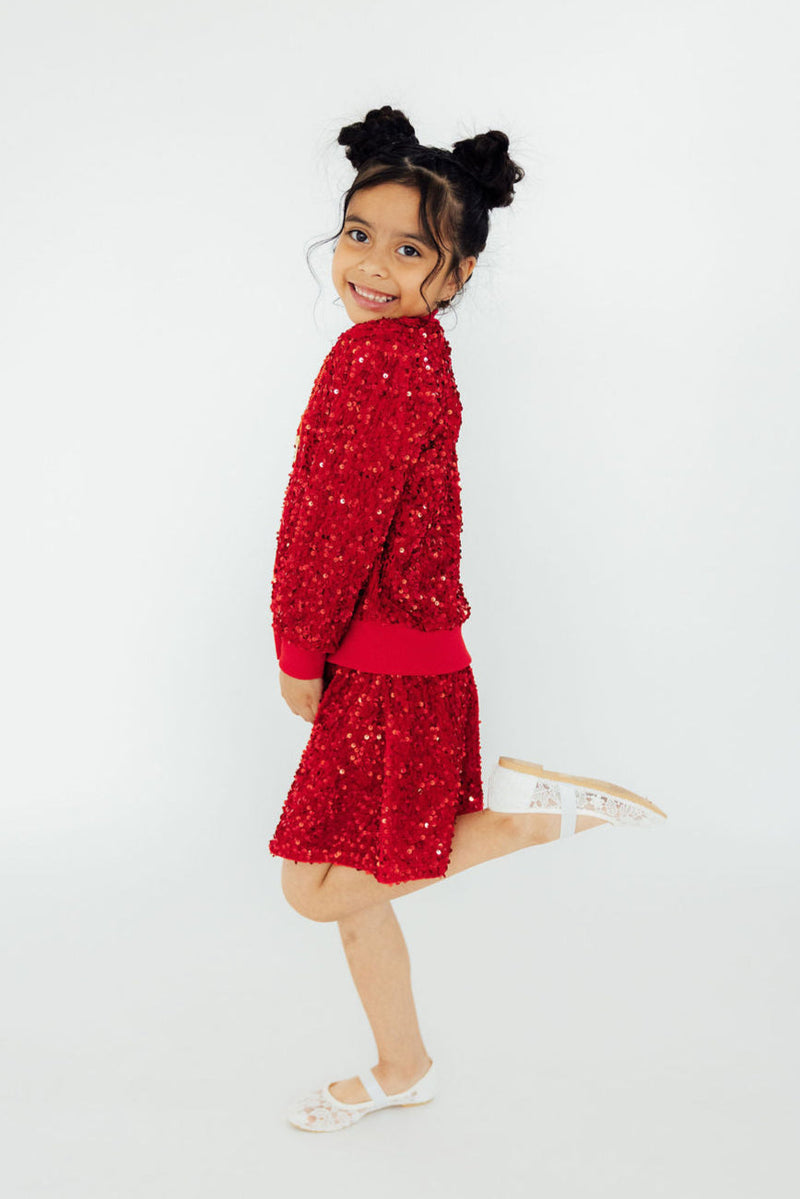 Red Velvet Sequin Jacket for Girls - Sleek Zippered Front
